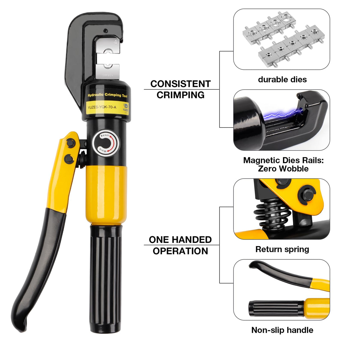 YUZES tool supports 12 AWG to 2/0 AWG cables and multiple materials.