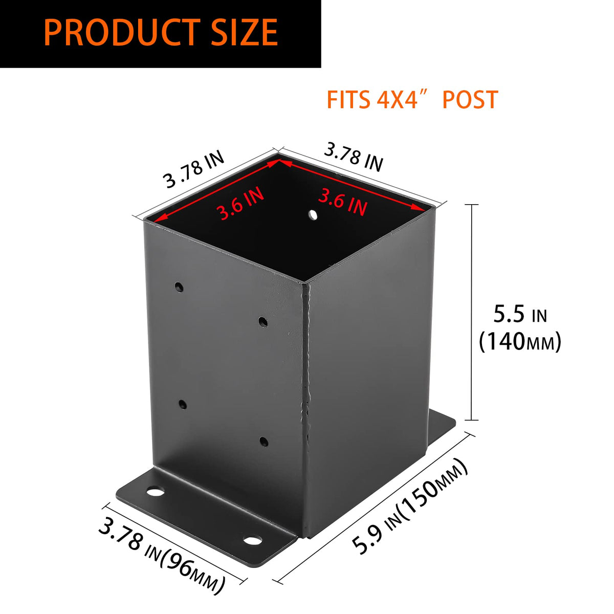YVHFWOY 4x4 post base top view highlights precise inner dimensions.