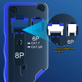 YWNEGWE tool displaying mode switch for CAT7 and CAT5 crimping versatility.