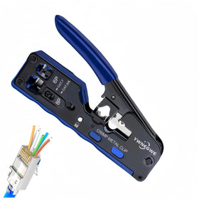 YWNEGWE RJ45 crimp tool in hand with ergonomic grip for precise crimps.