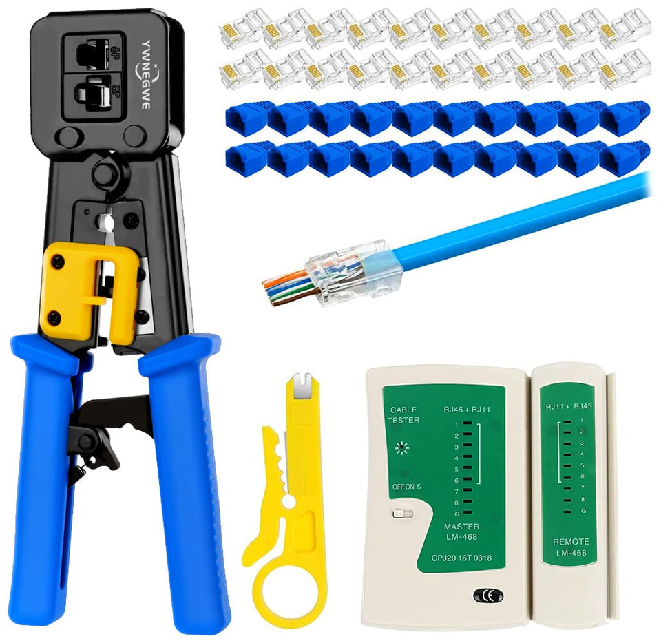 YWNEGWE RJ45 crimp tool kit pass-through in action for quick terminations