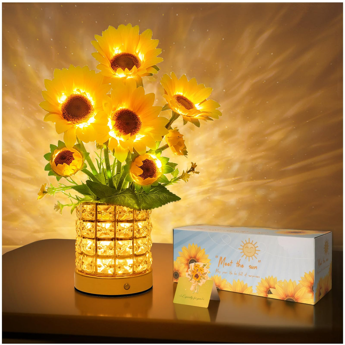 YWYWLED Sunflower LED lamp on a glass pot creates warm bedside ambiance