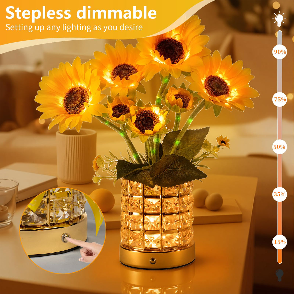 YWYWLED Sunflower LED lamp closeup highlights glass pot and crystal accents