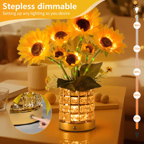 YWYWLED Sunflower LED lamp closeup highlights glass pot and crystal accents