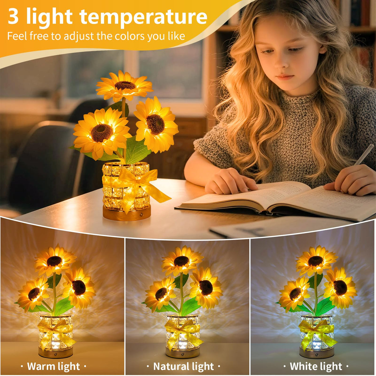 YWYWLED Sunflower Lamp demonstrates touch-control color options for customizable ambiance