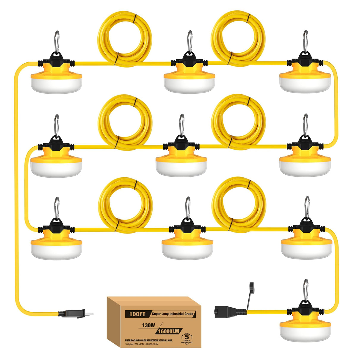 YXL 130W construction string light brightens a 100ft outdoor worksite