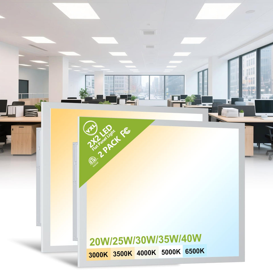 YXL 2x2 LED flat panel light installed in a ceiling grid for efficient office illumination.