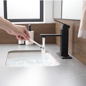 YXOCVIR black bathroom faucet side view highlighting durable stainless steel construction