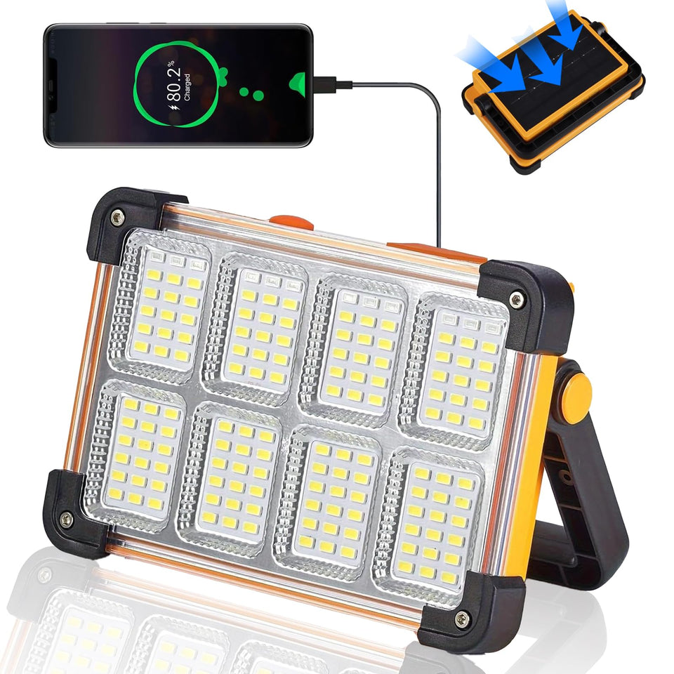 YXQUA 120W solar work light front view provides bright illumination for garage projects.