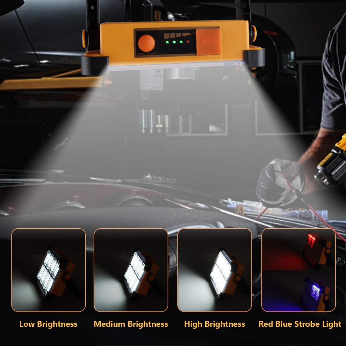 YXQUA 120W solar work light USB output enables charging devices on the go.