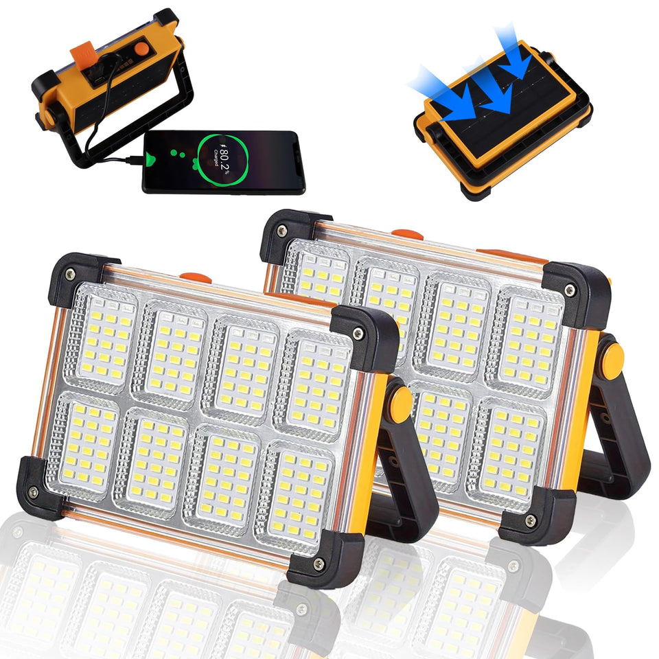 YXQUA 2-pack solar work lights, front view, ideal for job sites and camping.
