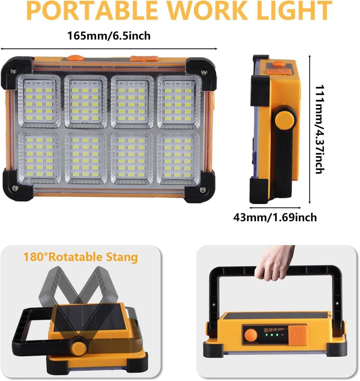 YXQUA work light with stand showing 180-degree swivel for flexible illumination.