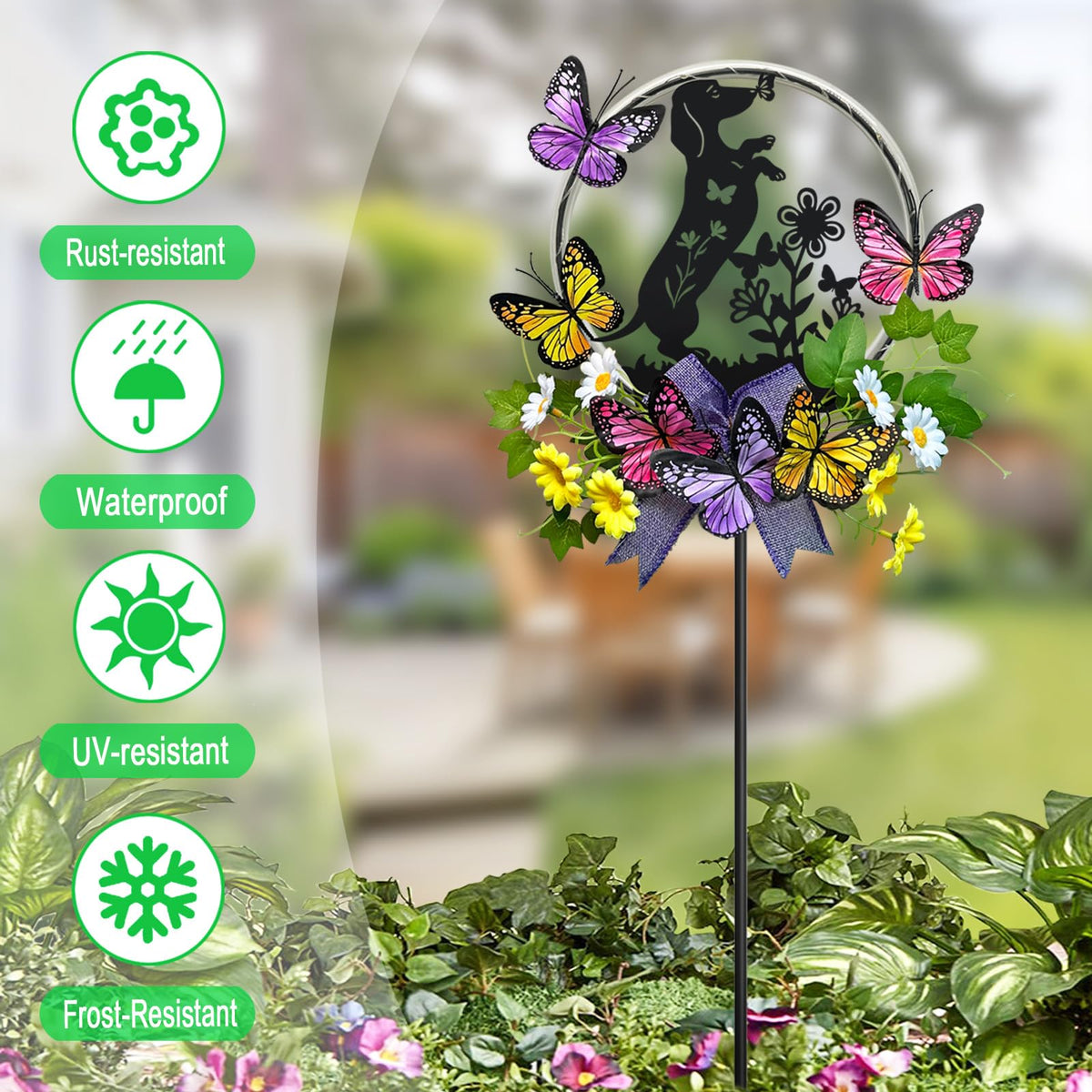 YY Gardenia dachshund with butterflies and flowers adds color and charm to outdoor spaces.