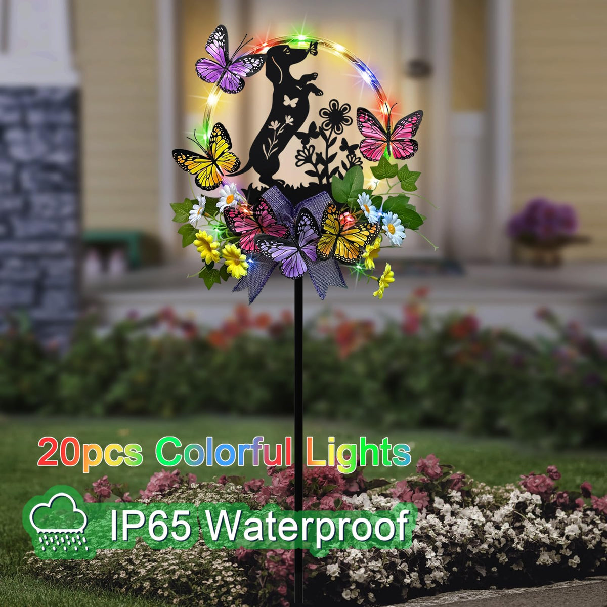 YY Gardenia garden stake adds whimsical touch to lawn and keeps nights safe.