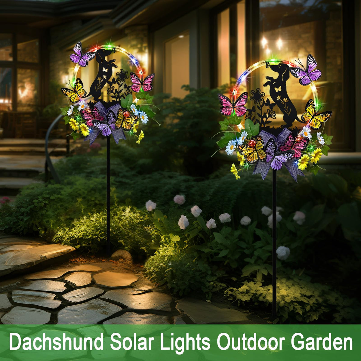 YY Gardenia dachshund pathway stake lights guide steps along sidewalks.