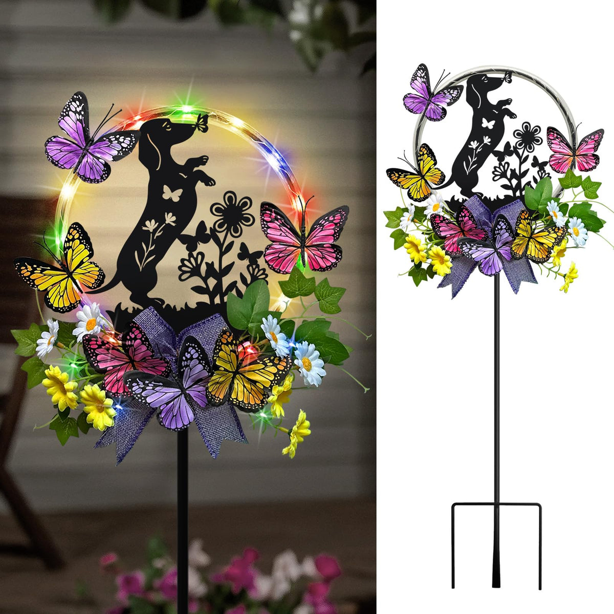 YY Gardenia dachshund solar light illuminates your garden with a playful silhouette at night.