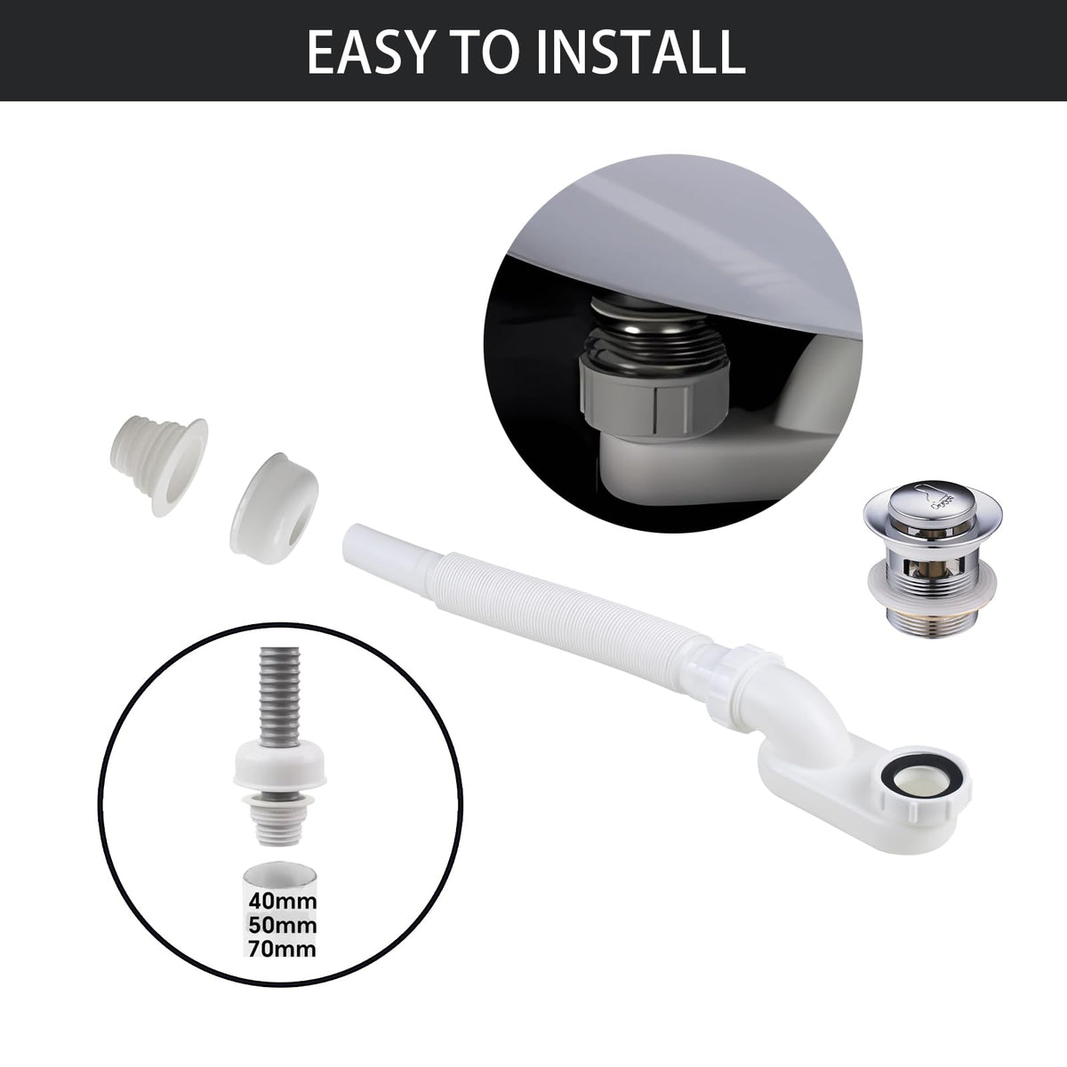 YYinno space-saving drain under tub optimizes bathroom layout.