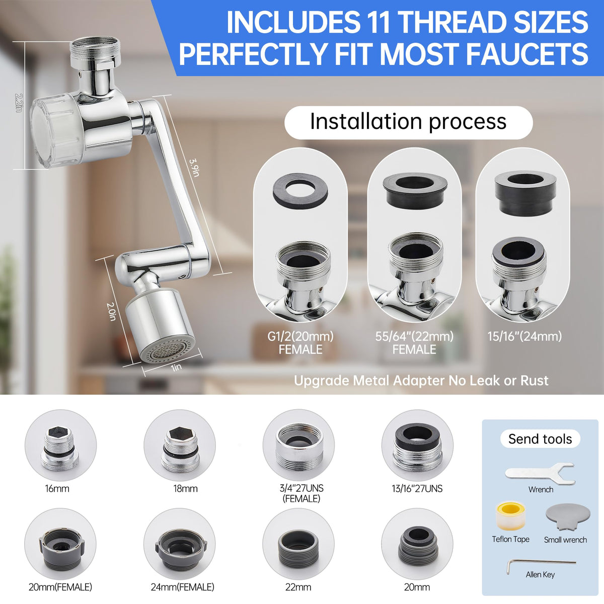 YYKBZ faucet adapter-ready design fits 99% of household faucets.