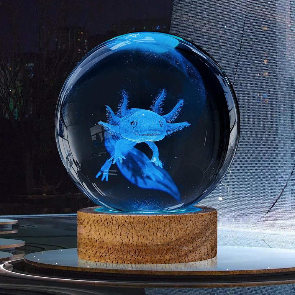 YYLZEPHB axolotl crystal ball on wooden base for stable display.