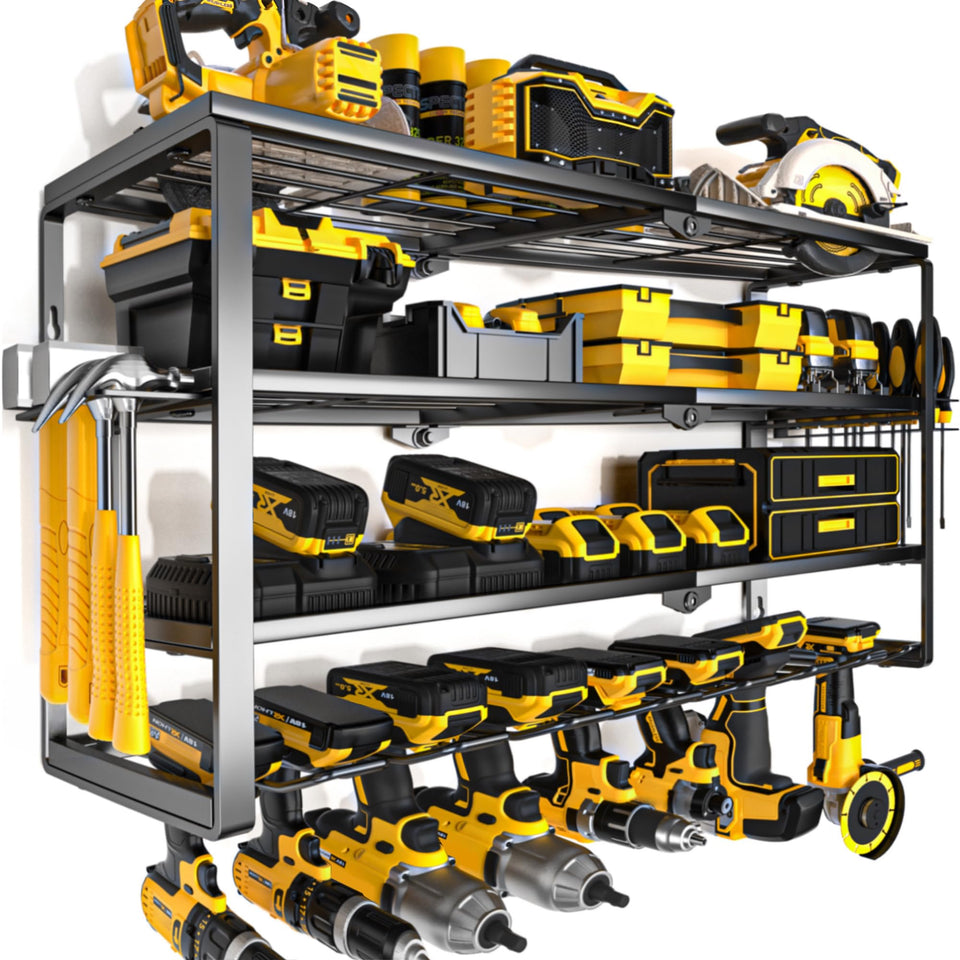 YYR 4-layer power tool organizer on wall saves space and keeps drills within reach.