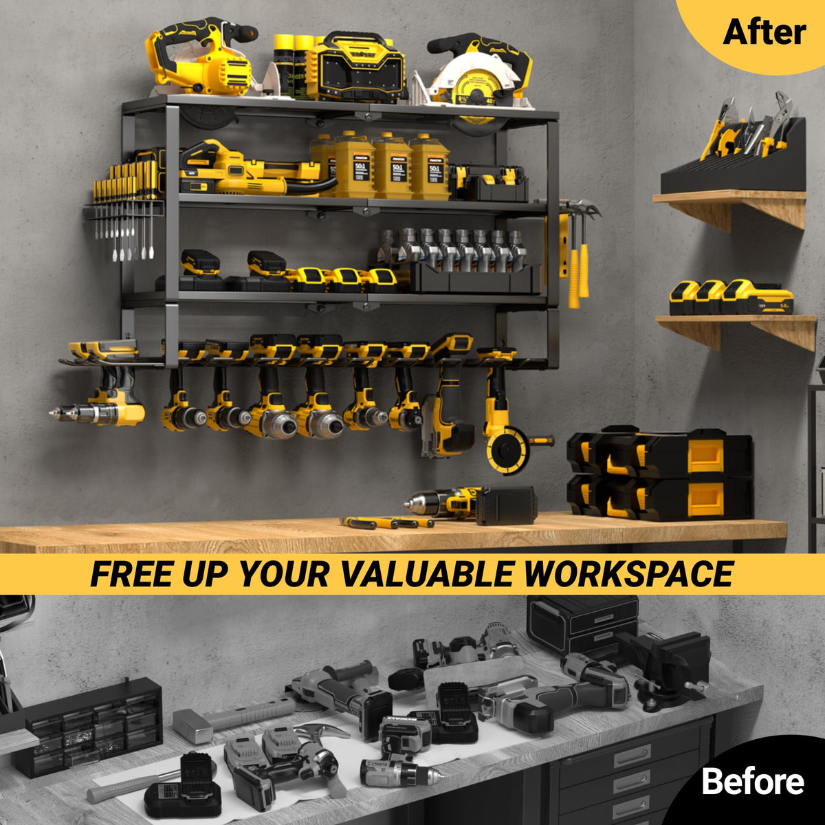 YYR bottom tier holds up to 10 cordless tools for efficient workspace