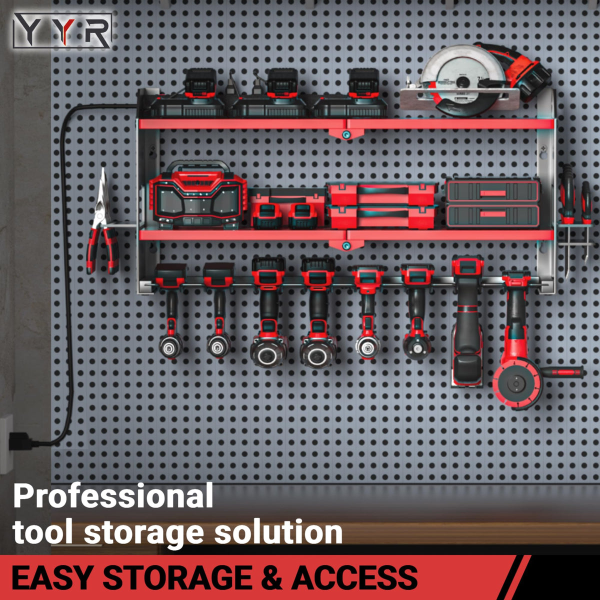 Slots sized for most tools keep drill bits and batteries in place