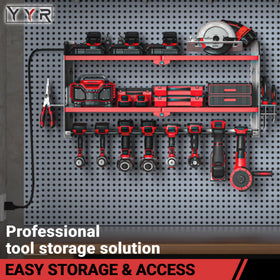 Slots sized for most tools keep drill bits and batteries in place