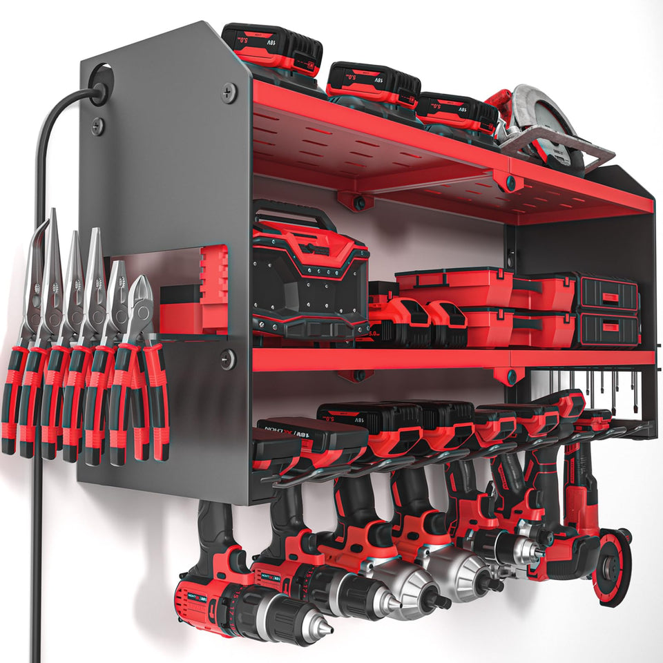 YYR power tool organizer wall mount with surge strip keeps cords organized