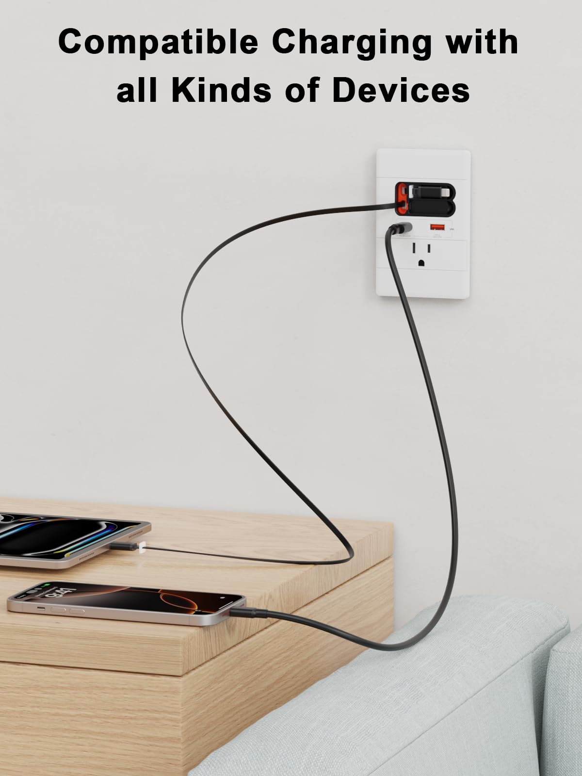 YYSKA retractable USB-C/Lightning cables extended for convenient charging.