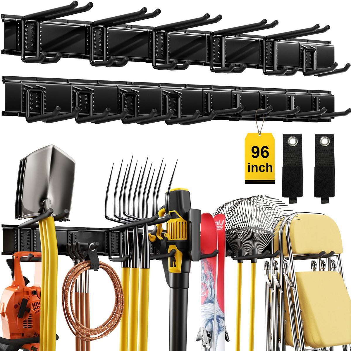 YZSFMZGE 96-inch wall-mount tool organizer on a clean garage wall, ready for gear