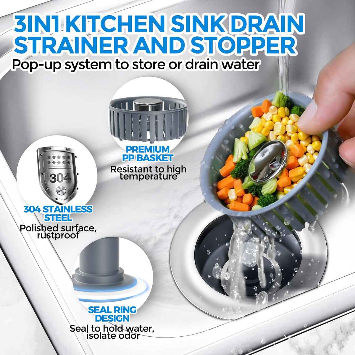 zaa 3-in-1 design top view emphasizing strainer stopper and odor barrier