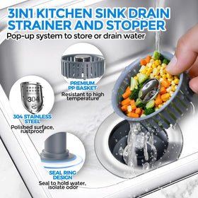 zaa 3-in-1 design top view emphasizing strainer stopper and odor barrier