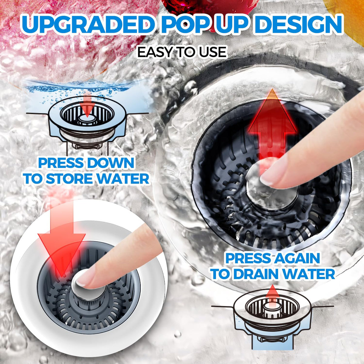 zaa 3-in-1 sink strainer stopper demonstrates convenient drainage