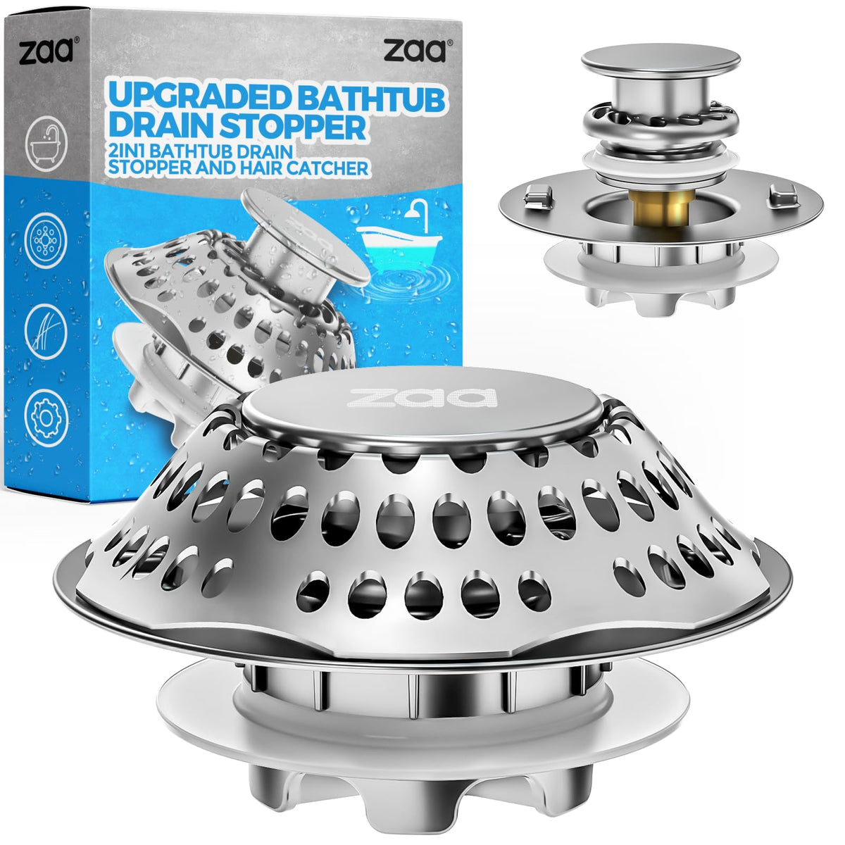 zaa bathtub drain stopper pop-up 2in1 demonstrates water retention and hair capture.