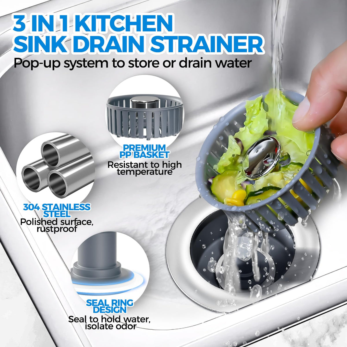 Zaa anti-clog basket filtering food scraps to prevent clogs