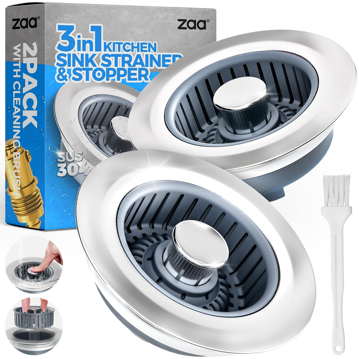 zaa kitchen sink drain strainer assembly showing 3-in-1 design for quick use