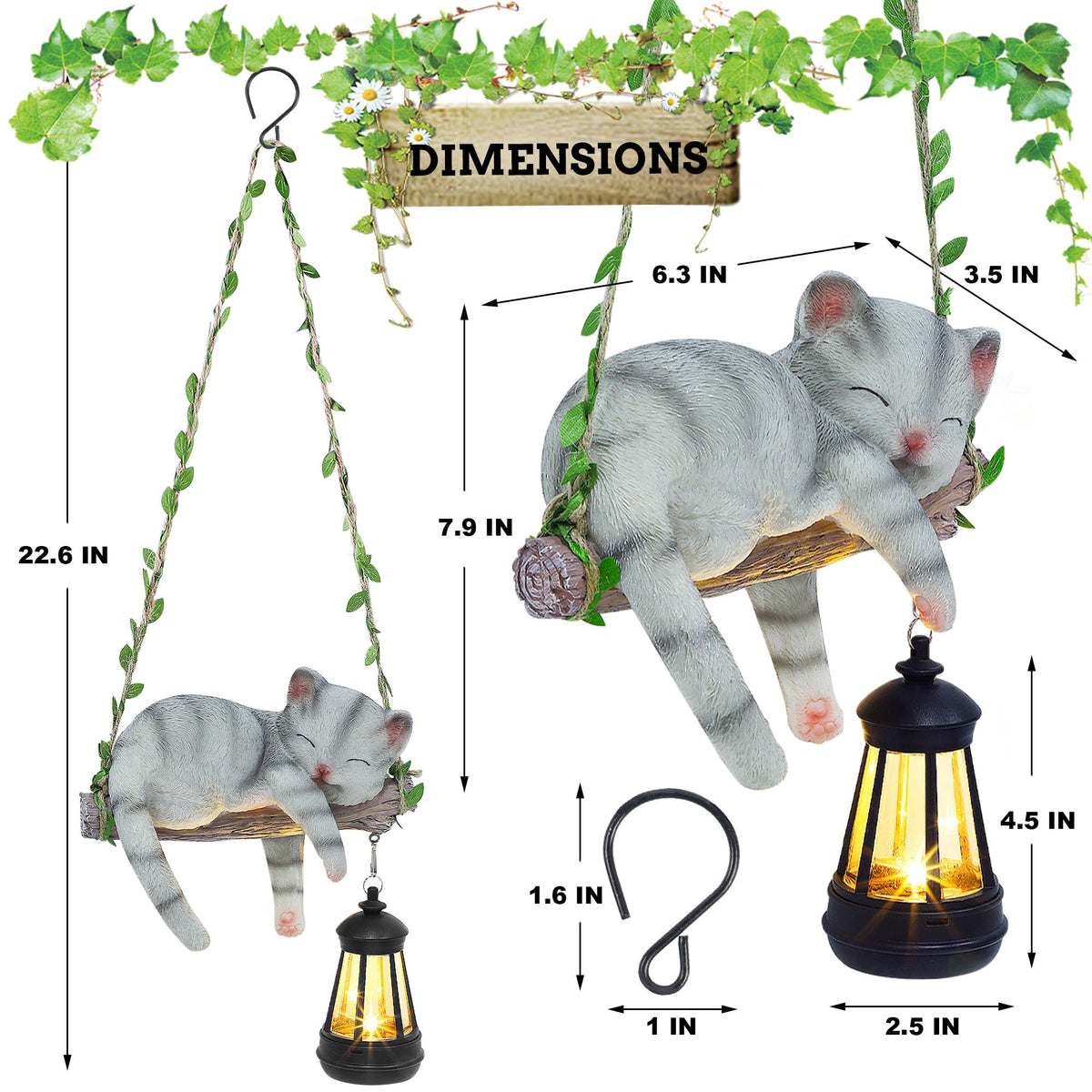 ZaaYee cat on swing with lantern illuminates pathways at dusk.