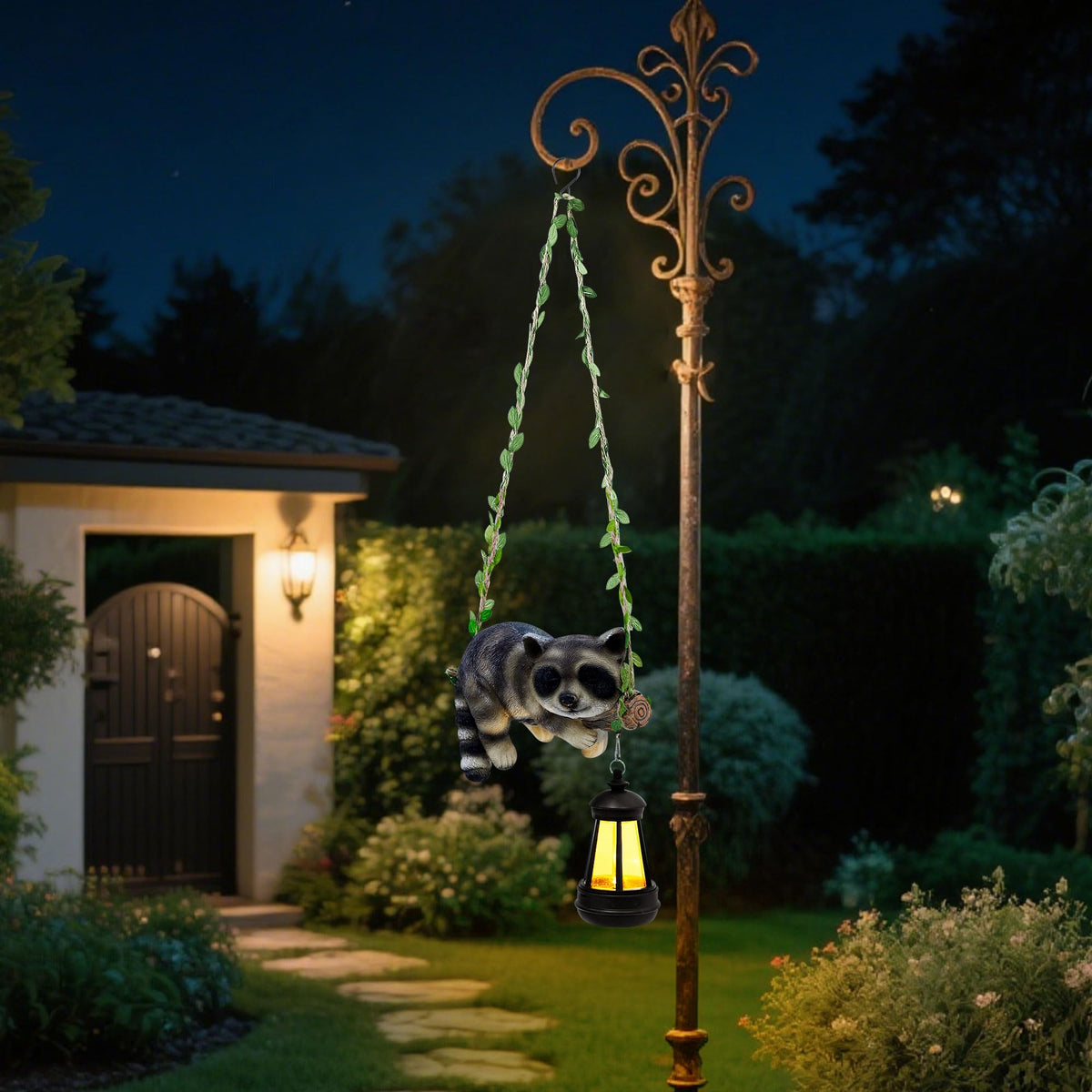 ZaaYee garden patio scene with raccoon statue for curb appeal