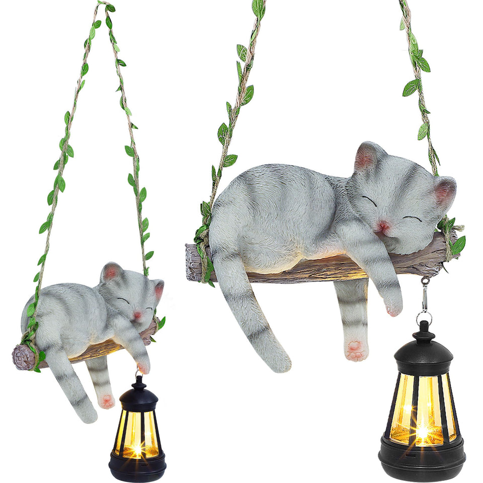 ZaaYee solar cat on swing outdoor statue adds year round garden charm.