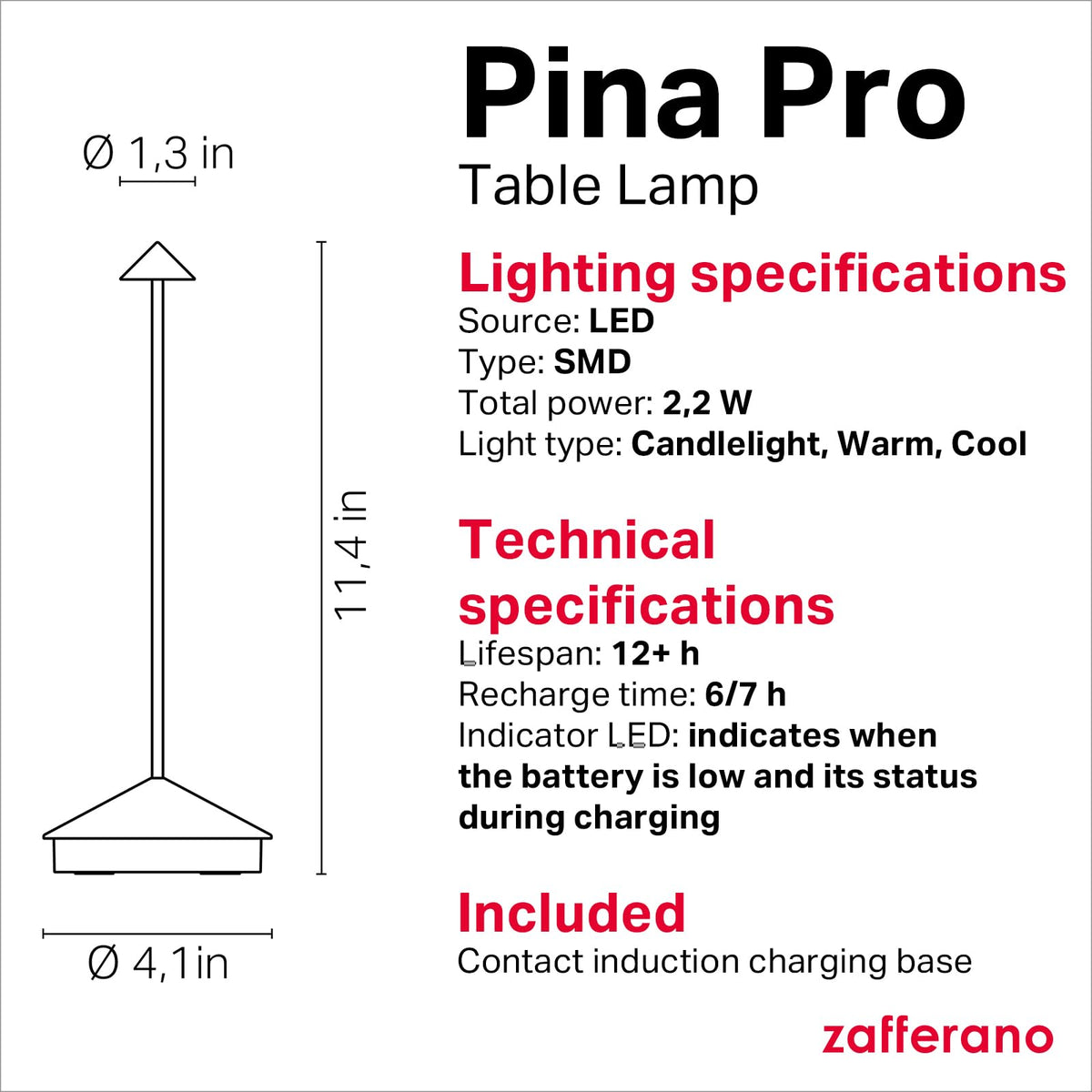 Zafferano Pina Pro lamp battery monitoring system signaling remaining power