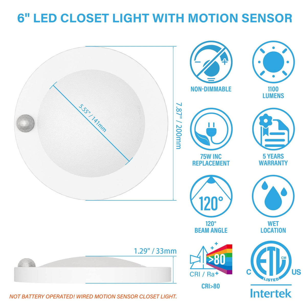 ZAGO closet light delivers 1100 lumens in daylight white for bright visibility.