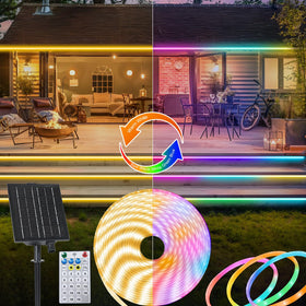 ZAIYW dual-color 32.8ft strip showing warm white and multicolor outdoor ambiance.