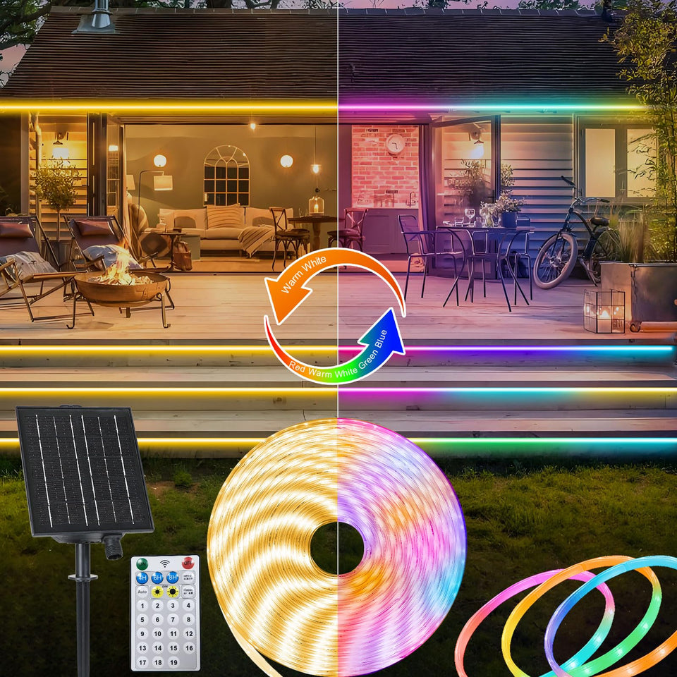 ZAIYW dual-color 32.8ft strip showing warm white and multicolor outdoor ambiance.