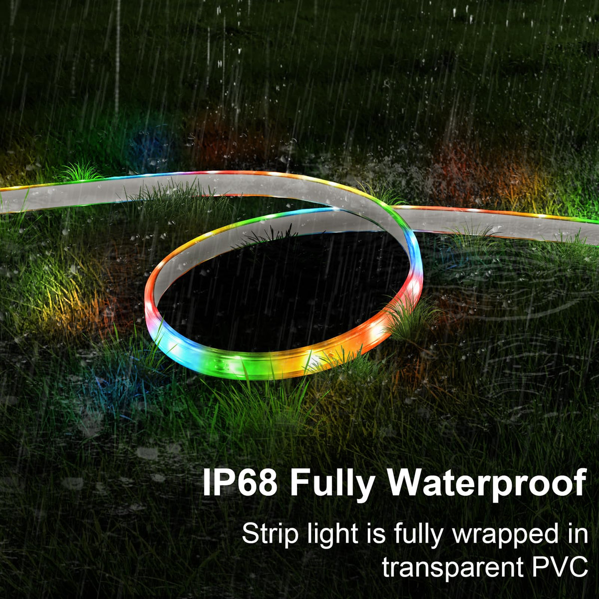ZAIYW IP68 waterproof LED strip enduring rain and snow for year-round decor.