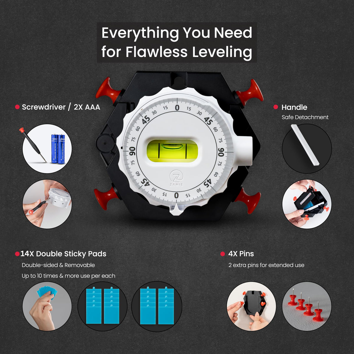 ZANIS built-in bubble level helps verify straight lines
