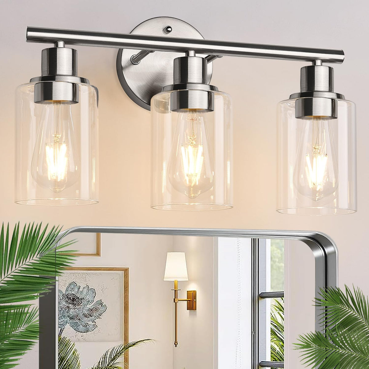 Zarbitta 3-light vanity fixture with brushed nickel finish and clear glass shades for elegant bathrooms