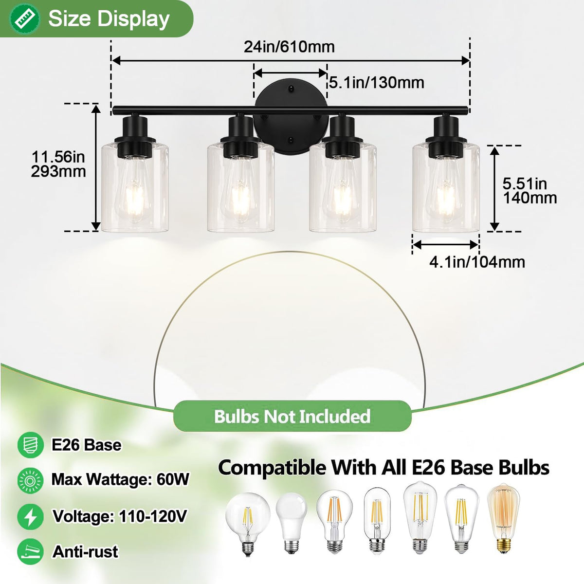 Zarbitta four-light fixture with clear shades brightening vanity areas