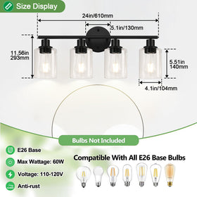 Zarbitta four-light fixture with clear shades brightening vanity areas