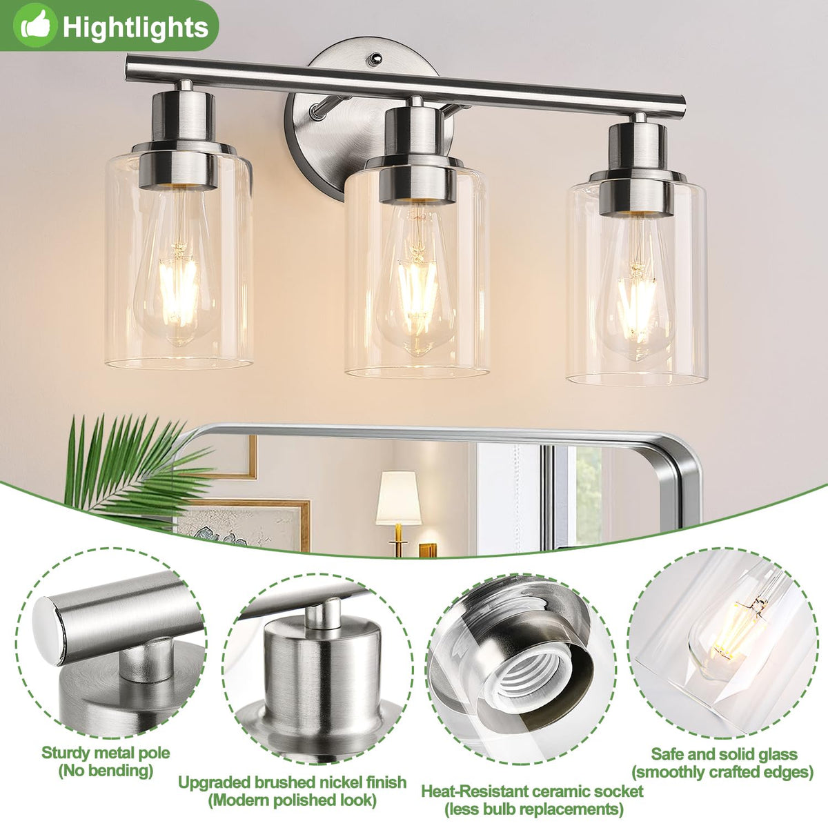 Zarbitta vanity light features heat-resistant ceramic E26 socket for longevity