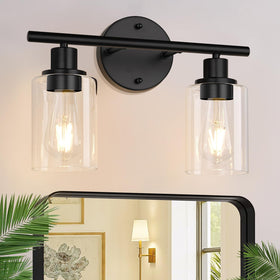 Zarbitta two-light bathroom fixture with matte black finish brightens a vanity area